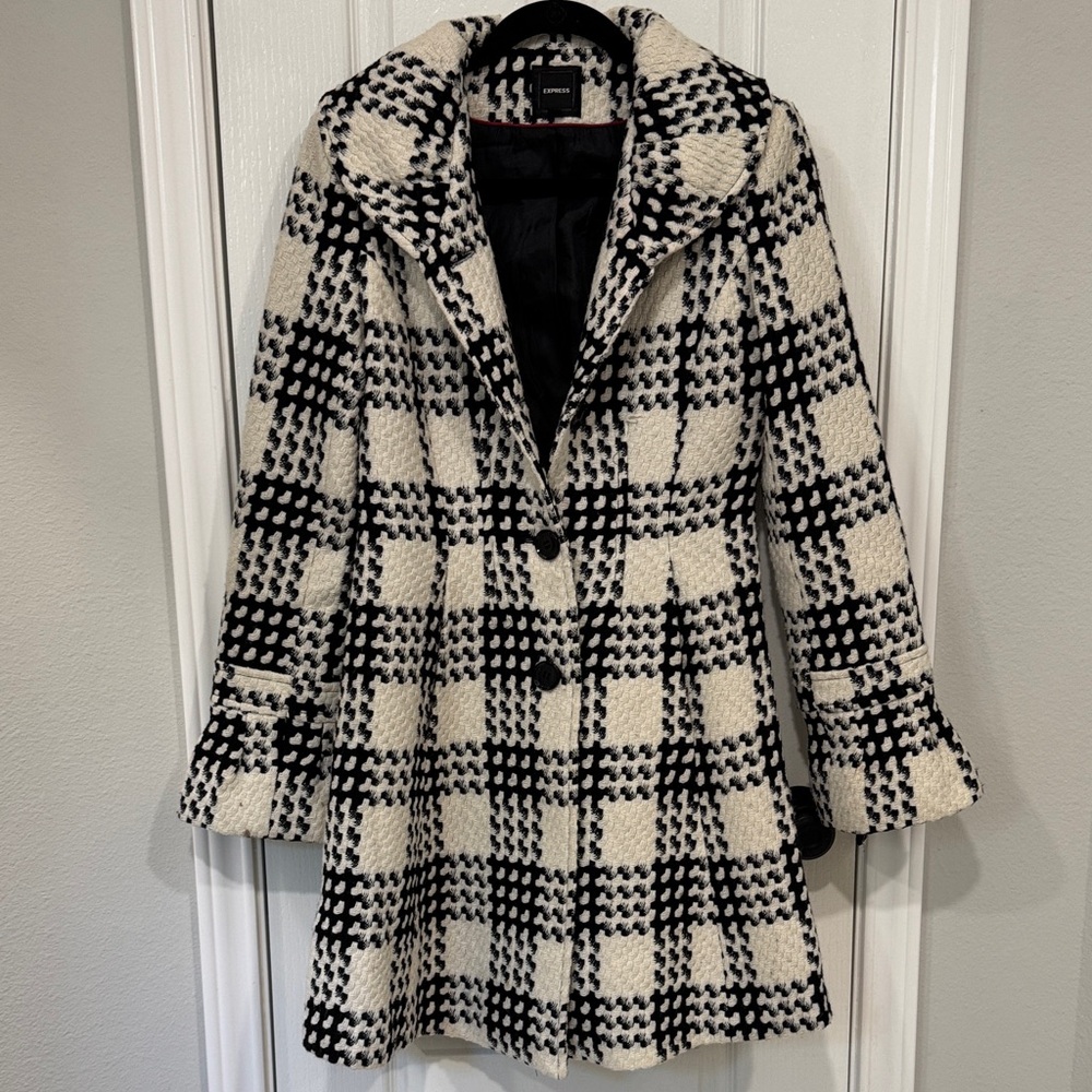 Express Black and White Plaid Wool Blend Coat